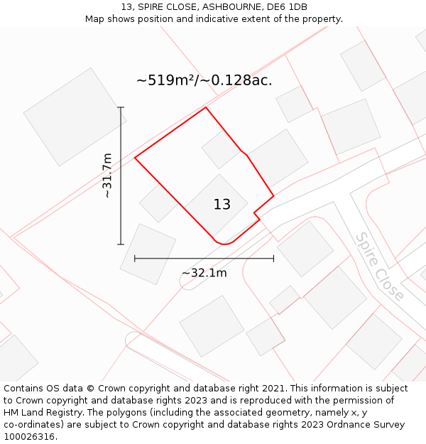 13, SPIRE CLOSE, ASHBOURNE, DE6 1DB: Plot and title map