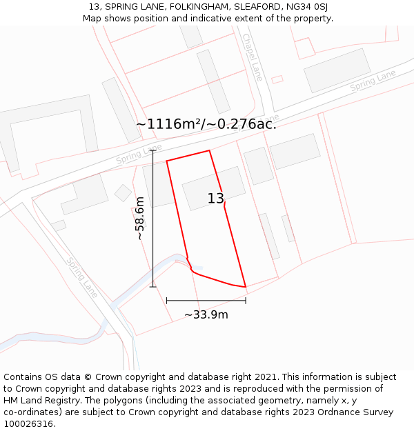 13, SPRING LANE, FOLKINGHAM, SLEAFORD, NG34 0SJ: Plot and title map