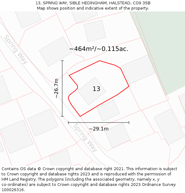 13, SPRING WAY, SIBLE HEDINGHAM, HALSTEAD, CO9 3SB: Plot and title map
