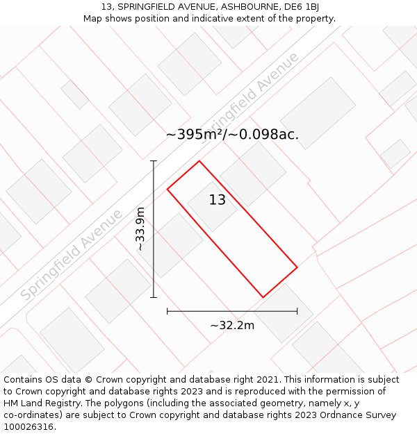 13, SPRINGFIELD AVENUE, ASHBOURNE, DE6 1BJ: Plot and title map