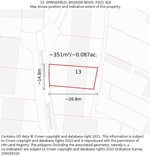 13, SPRINGFIELD, BOGNOR REGIS, PO21 3LB: Plot and title map