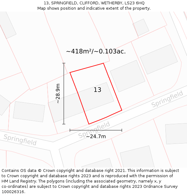 13, SPRINGFIELD, CLIFFORD, WETHERBY, LS23 6HQ: Plot and title map