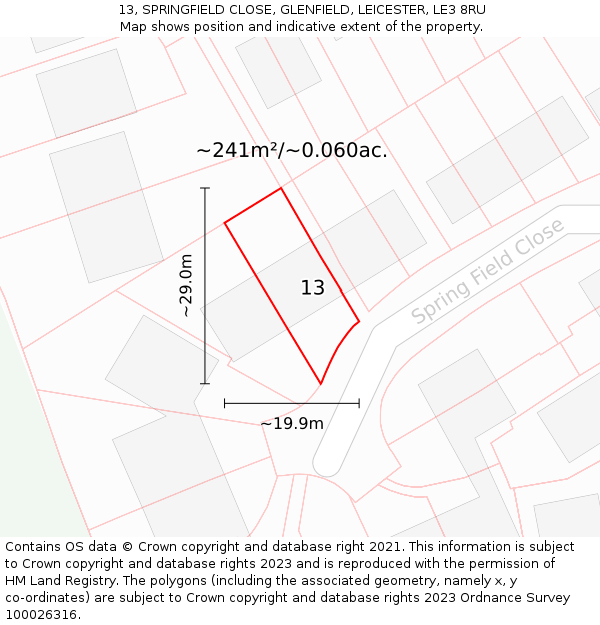 13, SPRINGFIELD CLOSE, GLENFIELD, LEICESTER, LE3 8RU: Plot and title map
