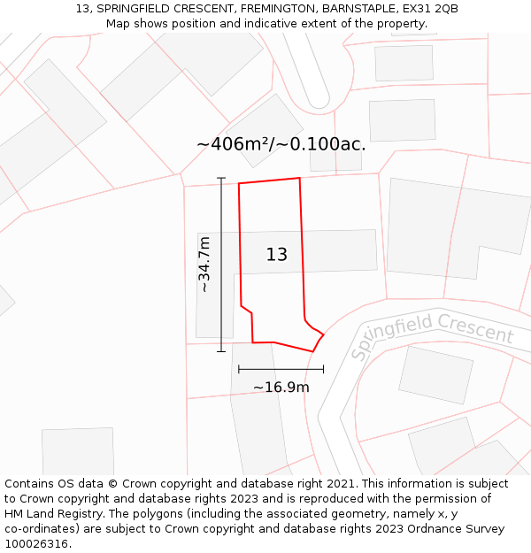 13, SPRINGFIELD CRESCENT, FREMINGTON, BARNSTAPLE, EX31 2QB: Plot and title map