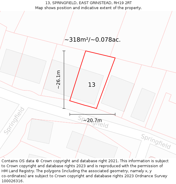 13, SPRINGFIELD, EAST GRINSTEAD, RH19 2RT: Plot and title map