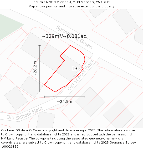 13, SPRINGFIELD GREEN, CHELMSFORD, CM1 7HR: Plot and title map