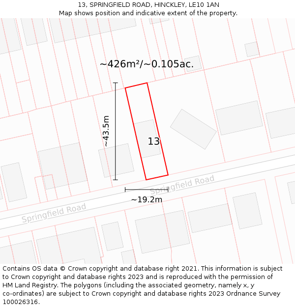13, SPRINGFIELD ROAD, HINCKLEY, LE10 1AN: Plot and title map