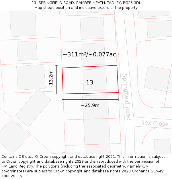 13, SPRINGFIELD ROAD, PAMBER HEATH, TADLEY, RG26 3DL: Plot and title map