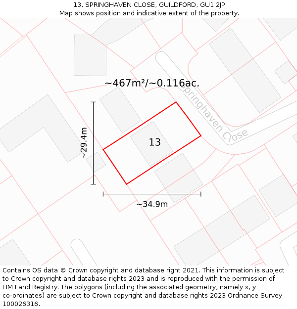 13, SPRINGHAVEN CLOSE, GUILDFORD, GU1 2JP: Plot and title map