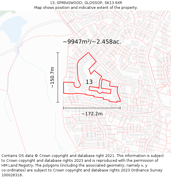 13, SPRINGWOOD, GLOSSOP, SK13 6XR: Plot and title map