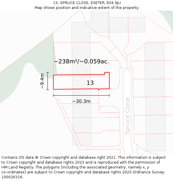 13, SPRUCE CLOSE, EXETER, EX4 9JU: Plot and title map