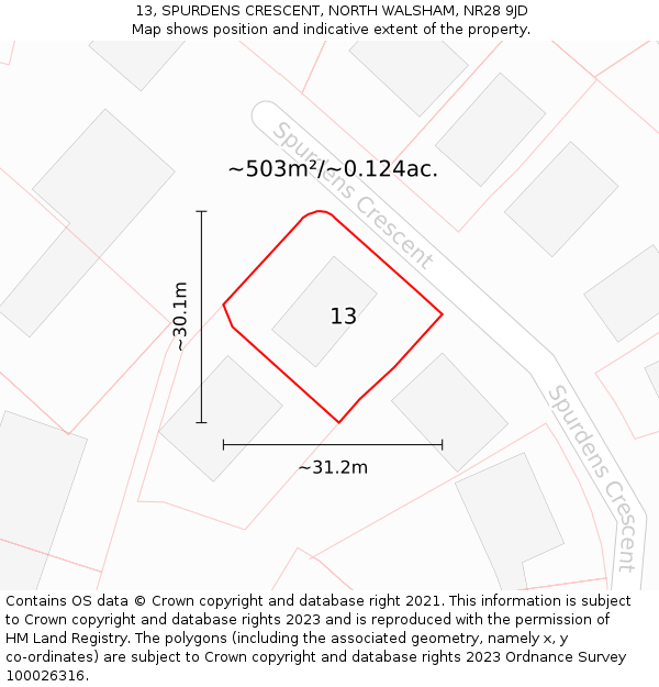 13, SPURDENS CRESCENT, NORTH WALSHAM, NR28 9JD: Plot and title map