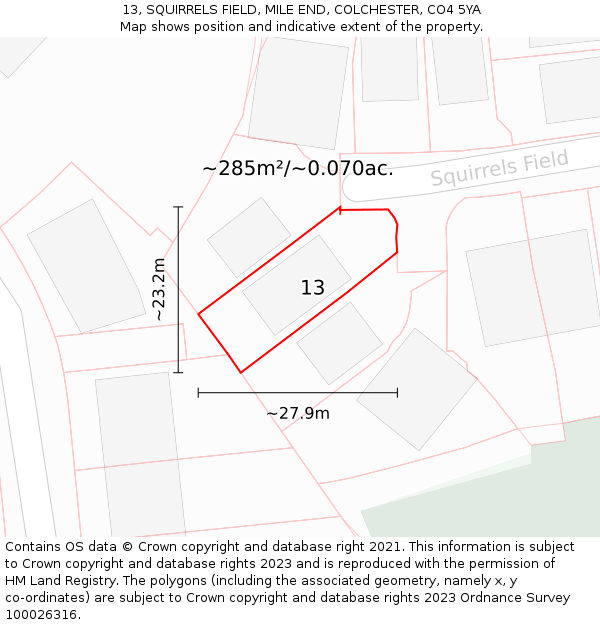 13, SQUIRRELS FIELD, MILE END, COLCHESTER, CO4 5YA: Plot and title map