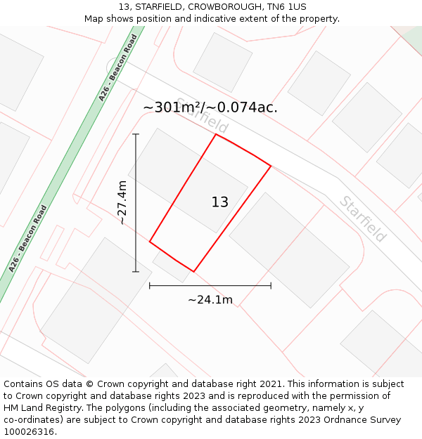 13, STARFIELD, CROWBOROUGH, TN6 1US: Plot and title map