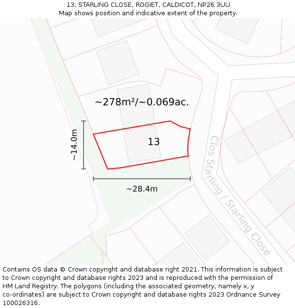 13, STARLING CLOSE, ROGIET, CALDICOT, NP26 3UU: Plot and title map