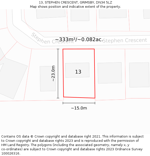 13, STEPHEN CRESCENT, GRIMSBY, DN34 5LZ: Plot and title map