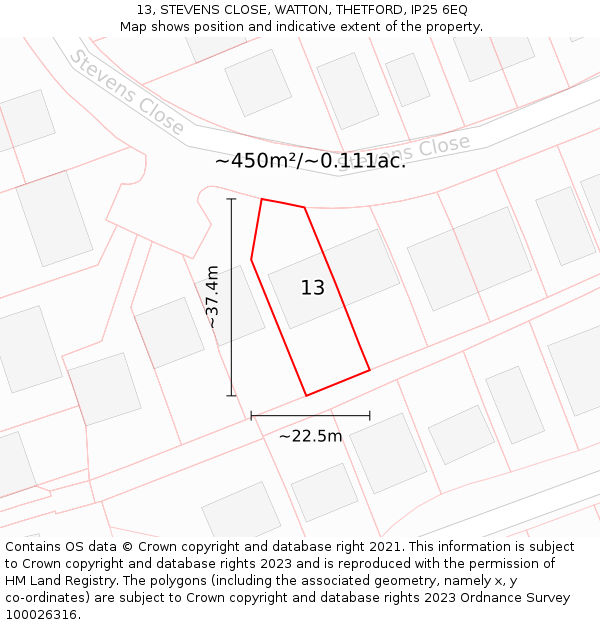 13, STEVENS CLOSE, WATTON, THETFORD, IP25 6EQ: Plot and title map