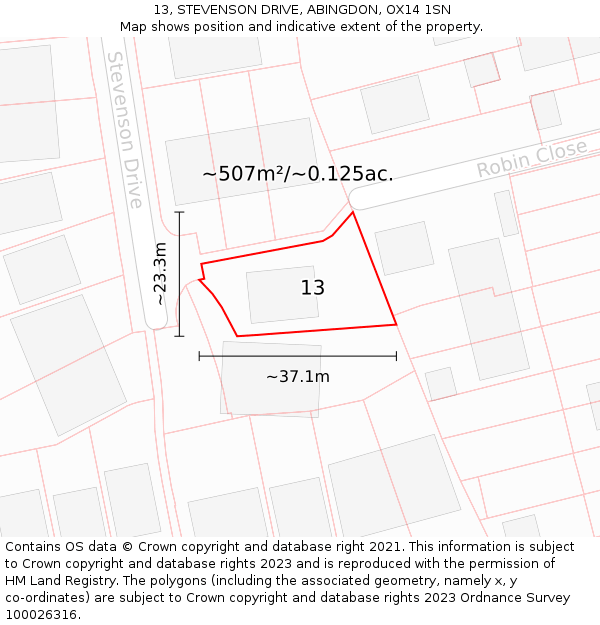 13, STEVENSON DRIVE, ABINGDON, OX14 1SN: Plot and title map