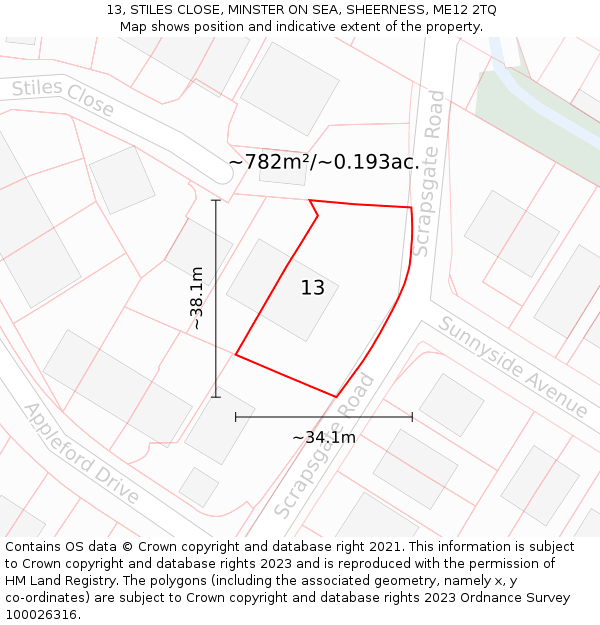 13, STILES CLOSE, MINSTER ON SEA, SHEERNESS, ME12 2TQ: Plot and title map