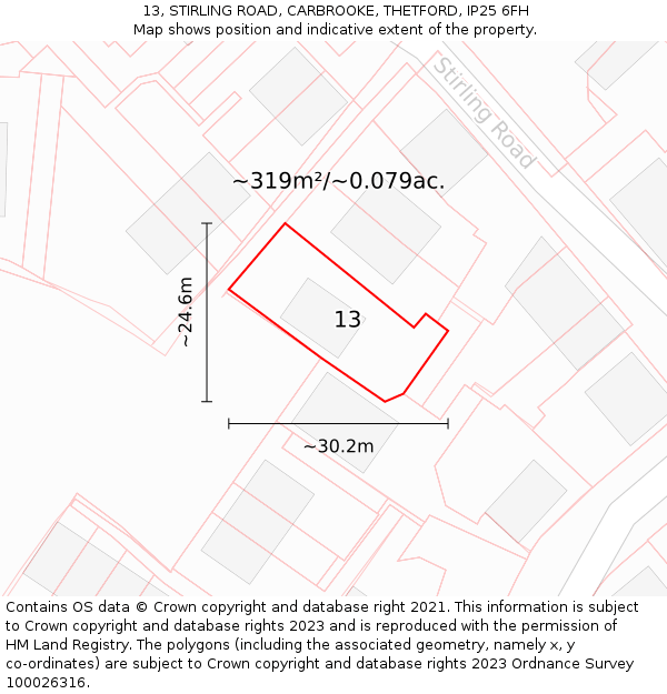 13, STIRLING ROAD, CARBROOKE, THETFORD, IP25 6FH: Plot and title map