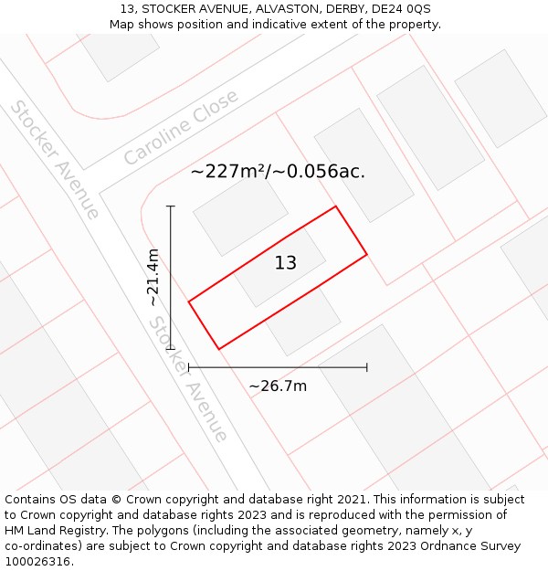 13, STOCKER AVENUE, ALVASTON, DERBY, DE24 0QS: Plot and title map