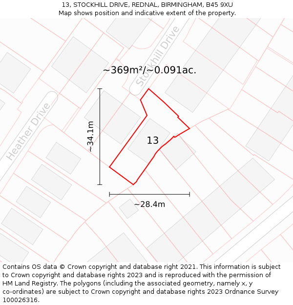 13, STOCKHILL DRIVE, REDNAL, BIRMINGHAM, B45 9XU: Plot and title map