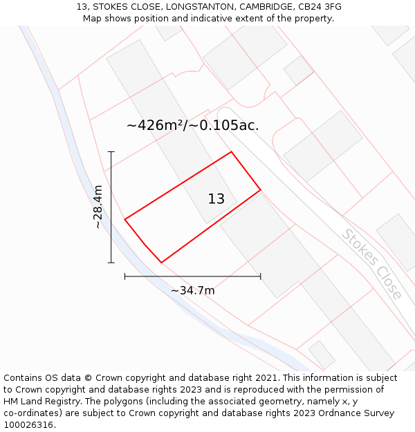 13, STOKES CLOSE, LONGSTANTON, CAMBRIDGE, CB24 3FG: Plot and title map