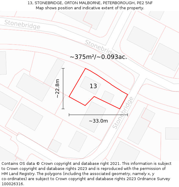 13, STONEBRIDGE, ORTON MALBORNE, PETERBOROUGH, PE2 5NF: Plot and title map