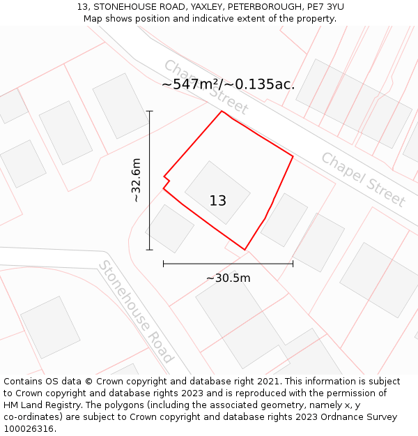 13, STONEHOUSE ROAD, YAXLEY, PETERBOROUGH, PE7 3YU: Plot and title map