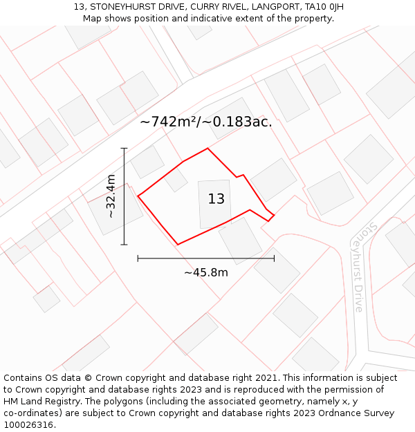 13, STONEYHURST DRIVE, CURRY RIVEL, LANGPORT, TA10 0JH: Plot and title map