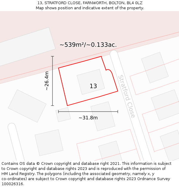 13, STRATFORD CLOSE, FARNWORTH, BOLTON, BL4 0LZ: Plot and title map
