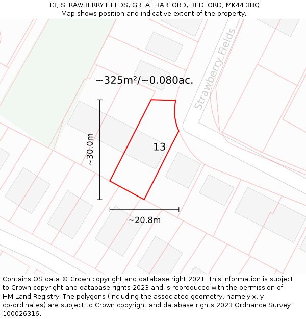 13, STRAWBERRY FIELDS, GREAT BARFORD, BEDFORD, MK44 3BQ: Plot and title map