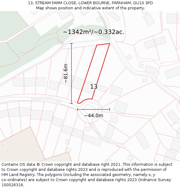 13, STREAM FARM CLOSE, LOWER BOURNE, FARNHAM, GU10 3PD: Plot and title map
