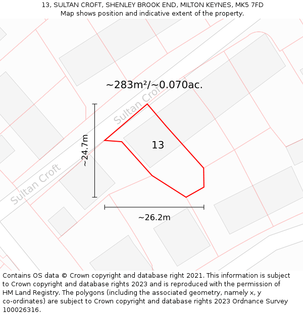 13, SULTAN CROFT, SHENLEY BROOK END, MILTON KEYNES, MK5 7FD: Plot and title map
