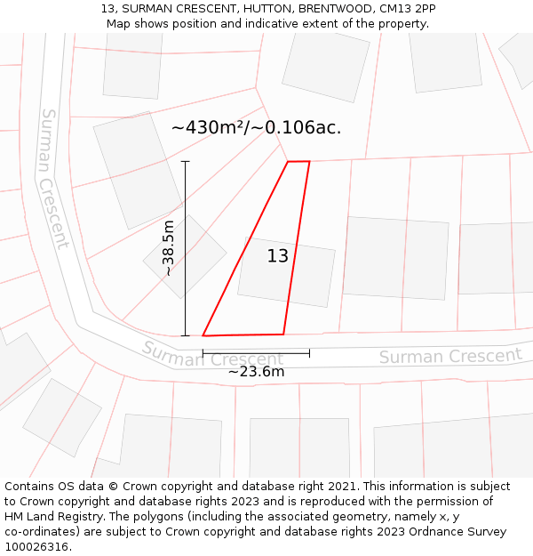 13, SURMAN CRESCENT, HUTTON, BRENTWOOD, CM13 2PP: Plot and title map