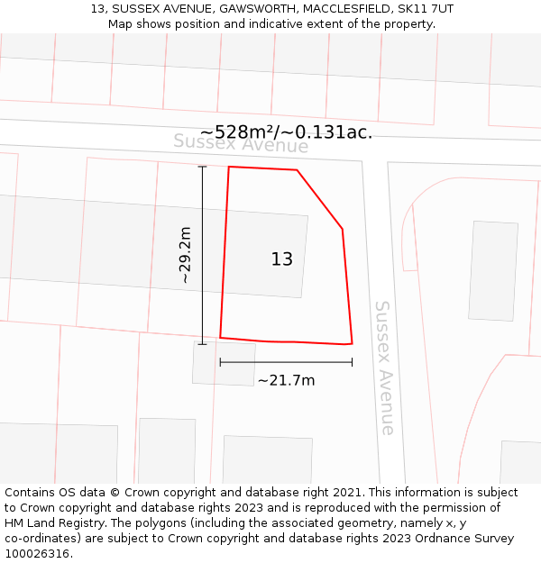 13, SUSSEX AVENUE, GAWSWORTH, MACCLESFIELD, SK11 7UT: Plot and title map