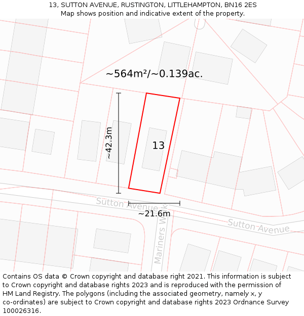 13, SUTTON AVENUE, RUSTINGTON, LITTLEHAMPTON, BN16 2ES: Plot and title map