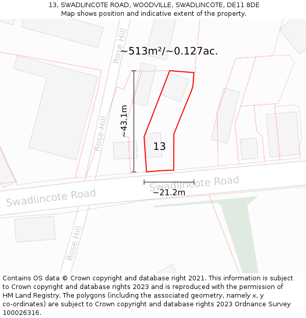 13, SWADLINCOTE ROAD, WOODVILLE, SWADLINCOTE, DE11 8DE: Plot and title map