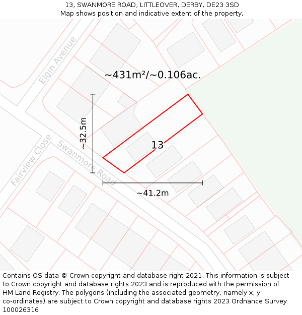 13, SWANMORE ROAD, LITTLEOVER, DERBY, DE23 3SD: Plot and title map