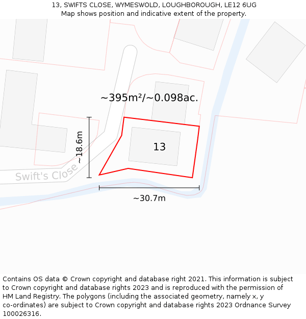 13, SWIFTS CLOSE, WYMESWOLD, LOUGHBOROUGH, LE12 6UG: Plot and title map