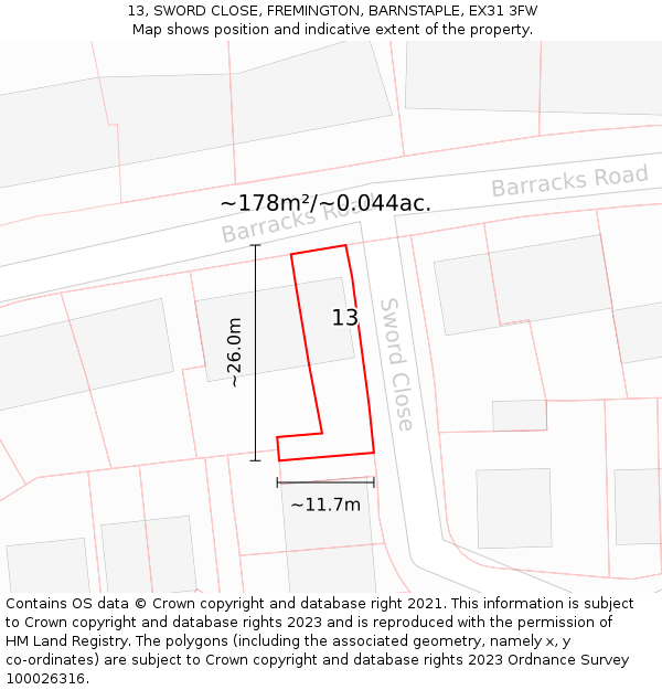 13, SWORD CLOSE, FREMINGTON, BARNSTAPLE, EX31 3FW: Plot and title map