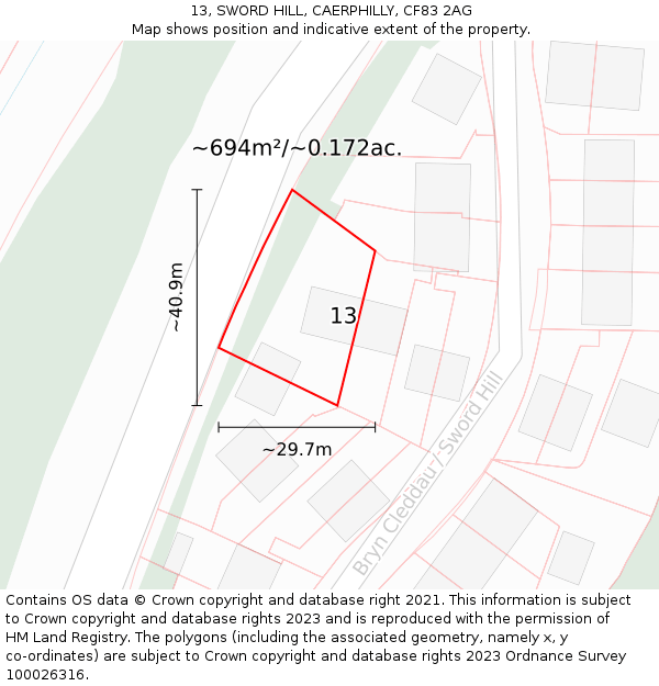 13, SWORD HILL, CAERPHILLY, CF83 2AG: Plot and title map