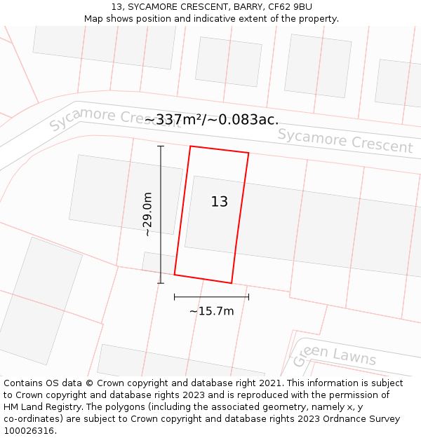 13, SYCAMORE CRESCENT, BARRY, CF62 9BU: Plot and title map