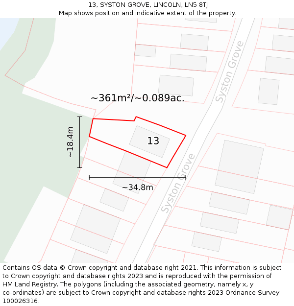 13, SYSTON GROVE, LINCOLN, LN5 8TJ: Plot and title map