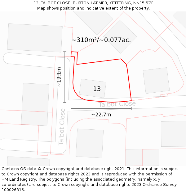 13, TALBOT CLOSE, BURTON LATIMER, KETTERING, NN15 5ZF: Plot and title map