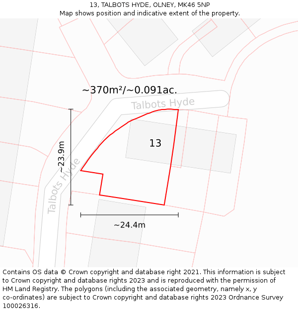 13, TALBOTS HYDE, OLNEY, MK46 5NP: Plot and title map