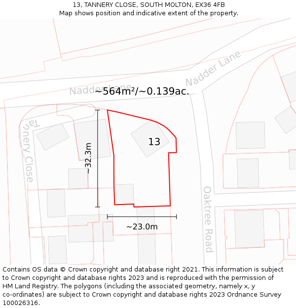 13, TANNERY CLOSE, SOUTH MOLTON, EX36 4FB: Plot and title map