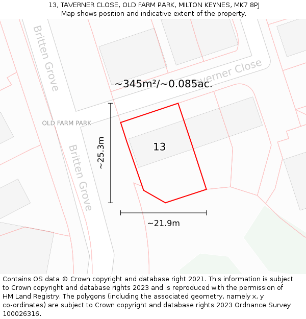 13, TAVERNER CLOSE, OLD FARM PARK, MILTON KEYNES, MK7 8PJ: Plot and title map