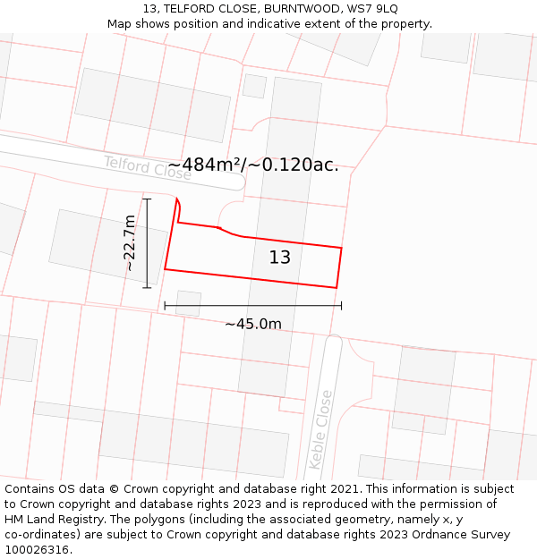 13, TELFORD CLOSE, BURNTWOOD, WS7 9LQ: Plot and title map