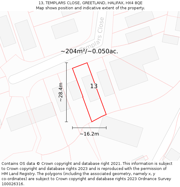 13, TEMPLARS CLOSE, GREETLAND, HALIFAX, HX4 8QE: Plot and title map
